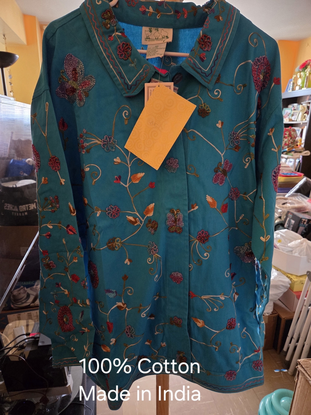 Teal Embroidered Cotton Jacket with Floral Hand Beaded Motif